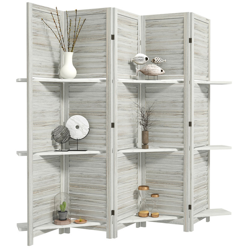 Paravent 5 panneaux en bois de 67 po de hauteur, écran d'intimité avec 3 tablettes de présentation et rangement pliant pour la chambre à coucher ou le bureau personnel