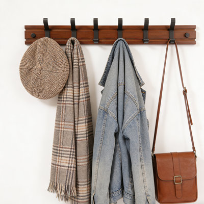 Bamboo Wall-Mount Coat Rack, Adjustable Rail with Sliding Hooks, Dual-Tier Storage Hanger for Jackets Hats Towels, Space-Saving Hallway Entryway Organizer for Living Room Bedroom Closet, Easy Installation, 6 Hooks