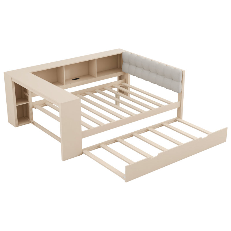 Lits doubles modernes avec rangement multifonctionnel, fabrication en bois, revêtement crème, utilisation à la maison