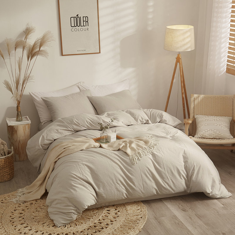 Ensemble de housse de couette douce en coton délavé Boho, Brun clair beige, Housse de couette pour très grand lit et 2 taies 