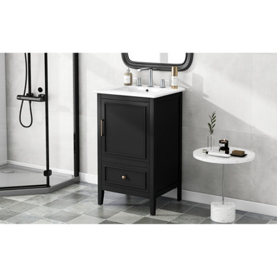 Meuble-lavabo noir 20 po - Bois massif et planches, lavabo en céramique avec trop-plein, rangement de tiroir, finition peinte, armoire de profondeur noire de 37,6 po, grand espace de rangement, poignée en acier inoxydable, porte