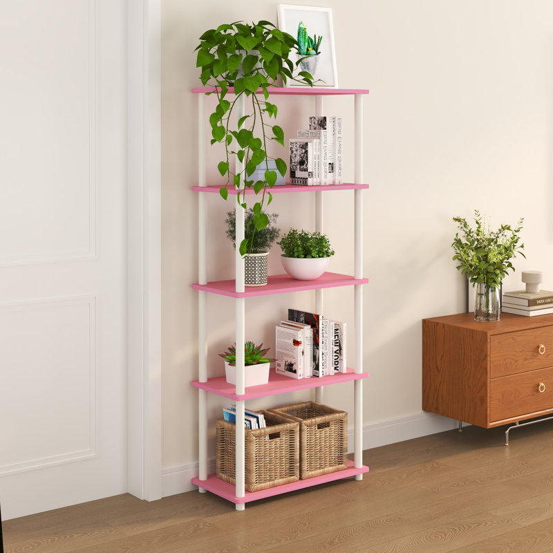 Bibliothèque à 5 niveaux avec tablettes ouvertes de 57,4 po, Rose / blanc, (5 tablettes) H 57,4 po x l 23,6 po x P 11,6 po