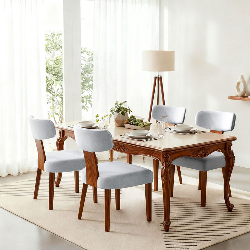 Mid Century Linen Modern Upholstered Dining Chairs Set of 4 With Wood Legs,Linen Grey, Grey