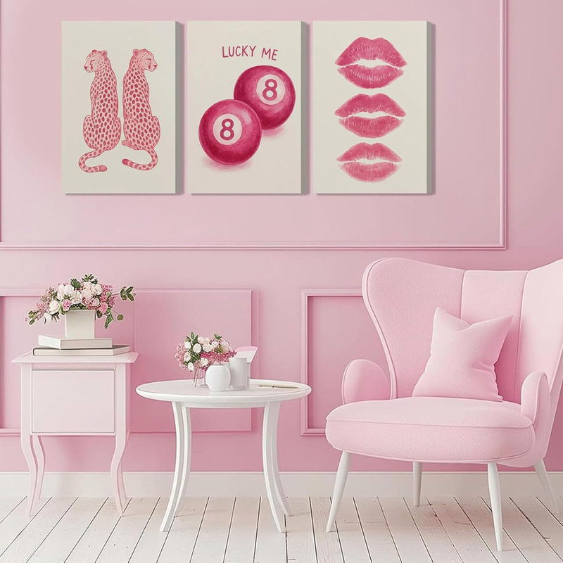 3Pcs Pink Leopard Canvas Wall Art Trend Cheetah Wall Decor Painting Pink Coquettish Cherry Lips Prints Lucky 8 Ball Y2k Aesthetic Picture For Bedroom Dorm Room Decoration 16x24in Framed