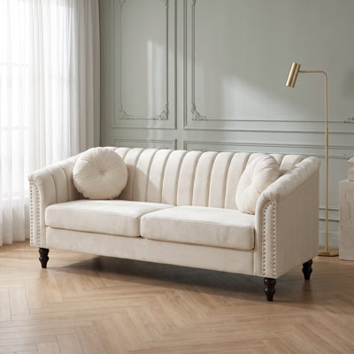 75‘’White Flannel 3-Seat Sofa, Channel Tufted Chesterfield Couch with Nailhead Trim, Solid Wood Frame High-Density Memory Foam