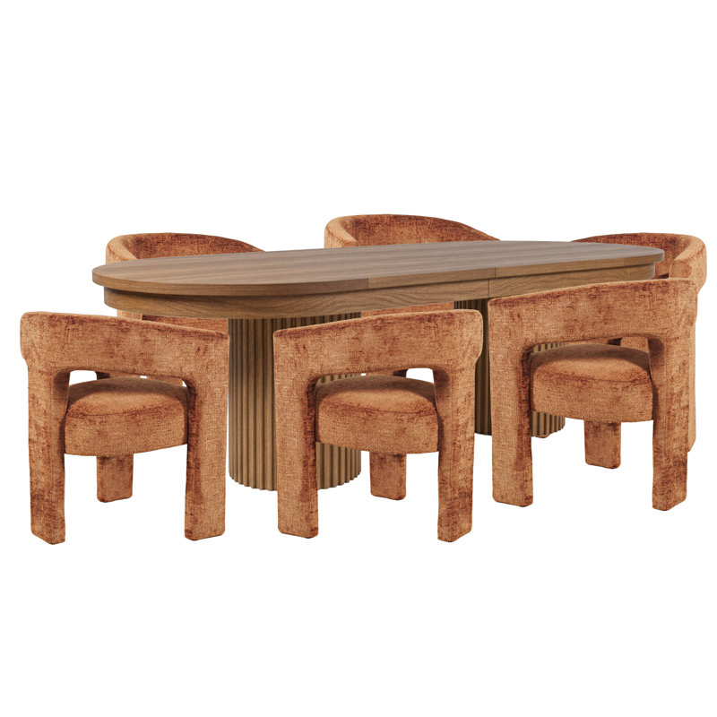 Auden 102" Double Pedestal Seven Piece Dining Set - Chestnut Table With Rust Chairs, Orange, Brown