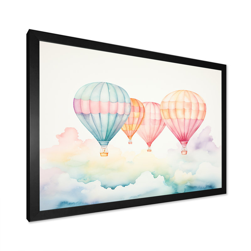 Vert et rouge, aquarelle, montgolfière horizon II - montgolfière, art mural, Cadre d'angle fermé noir