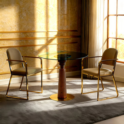 Modern Round Dining Table with Tempered Glass Top, Wooden Leg, and Base for Small Spaces