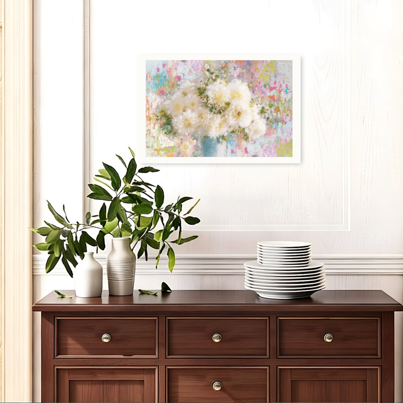 Une danse de pivoines blanches et colorées abstraites colorées, 16" H x 24" W