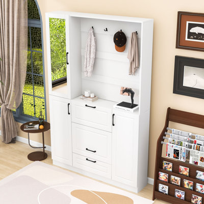 All-in-One Entryway Organizer: Coat Rack, Mirror & Foldable Seat