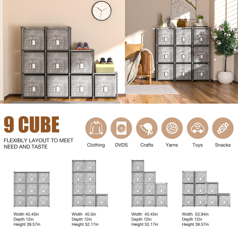 Organisateur de garde-robe 9 cubes, Gris