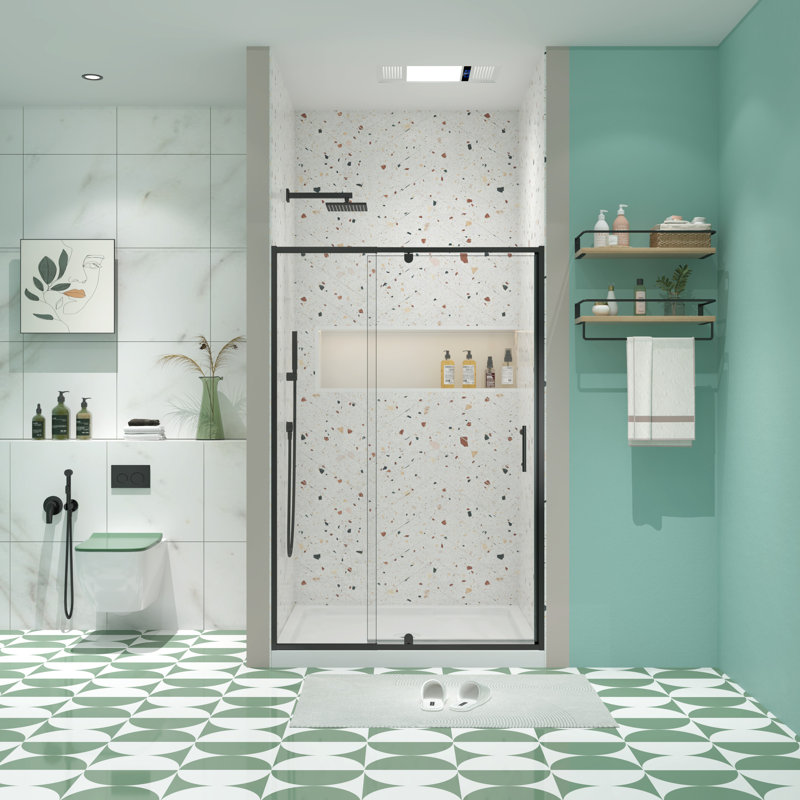 56 - 60" W X 71" H Shower Door, 1/4" Tempered Clear Glass, Matte Black Pivot Swing, Reversible Install, Stainless Steel Handle, Magnetic Seal, Leak Resistance Design Swing Glass Enclosure, H, Black,