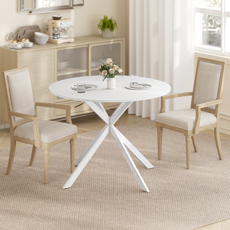 Table de salle à manger ronde pour 4 tables de cuisine avec pieds en acier, chêne blanc, Blanc, Chêne blanc