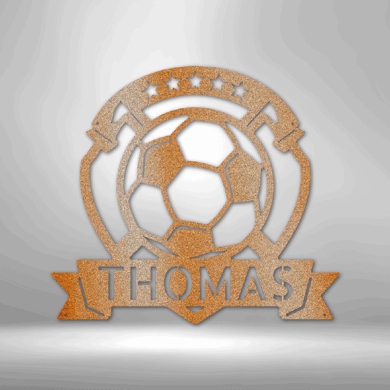 Plaque de soccer personnalisée, monogramme, plaque en acier, art mural en métal, H 14,25 po x l 14,5 po x P 0,5 po, Cuivre