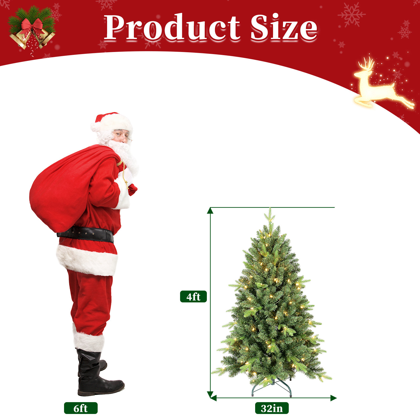 Pre-Lit Artificial Christmas Tree with Warm White Lights & PVC/PE Mixed Branch Tips, 4'
