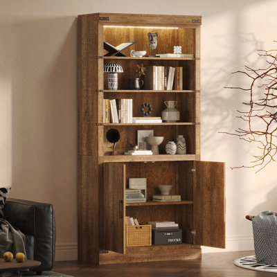 83.4" Bookcase, Doors, 3-Tier Adjustable Shelves, LED Light for Living Room/Office - Walnut