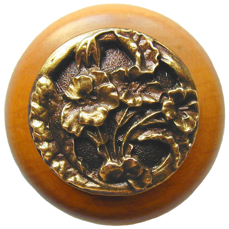 Floral Mushroom Knob, Antique Brass / Maple Wood