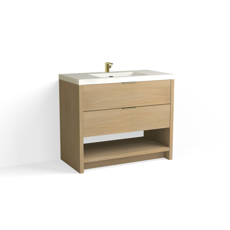 Vue 42" W Freestanding Single Bathroom Vanity, Nimbus, Glossy White/8" Widespread, Matte Black