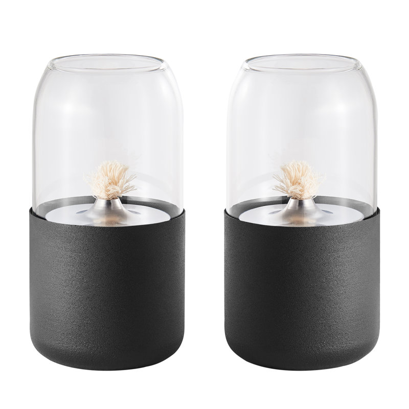 Black Glass and Metal Oil Lamp Set with Rope Wick