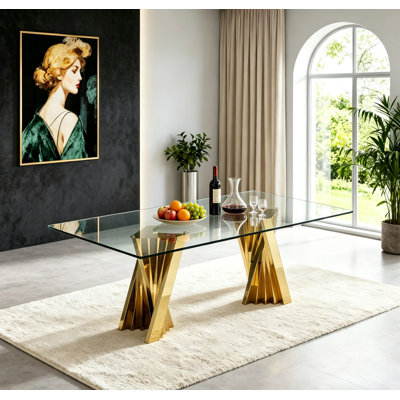70" Glass Dining Table for 6-8 Luxury Glass Top Kitchen Table for 6 Mid-Century Rectangle Dining Room Table w/Mirrored Stainless Steel Base for Home Office Meeting