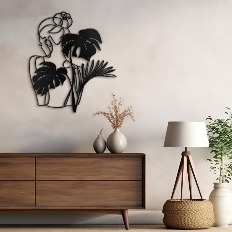 Elegant Monochrome Woman and Flora Modern Abstract Wall Accent Sculpture Hanging Decoration Metal Wall Decor, Blck