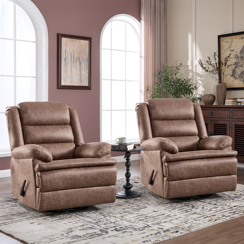 35.8'' Wide Classic Faux Leather Swivel and Glider Manual Recliner (Set of 2), Brown