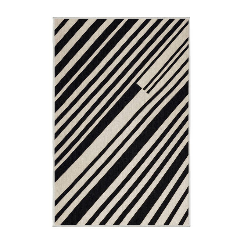 Washable White Black Striped Area Rug, Rectangle 6' x 9'