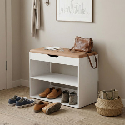 Banc de rangement pour chaussures 22,6 "avec coussin et rangement rabattable, étagère à chaussures d'entrée avec 2 tablettes réglables