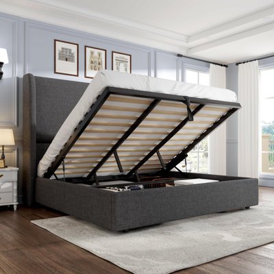 Upholstered Lift-Up Storage Bed with Wingback Headboard