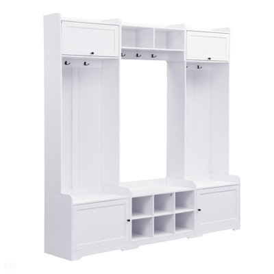 79.1'' Wide Modern Hall Tree With Shoe Storage, 4-In-1 Entryway Bench With 8 Cubbies, 7 Coat Hooks & Adjustable Shelf For Hallway, Living Room, White