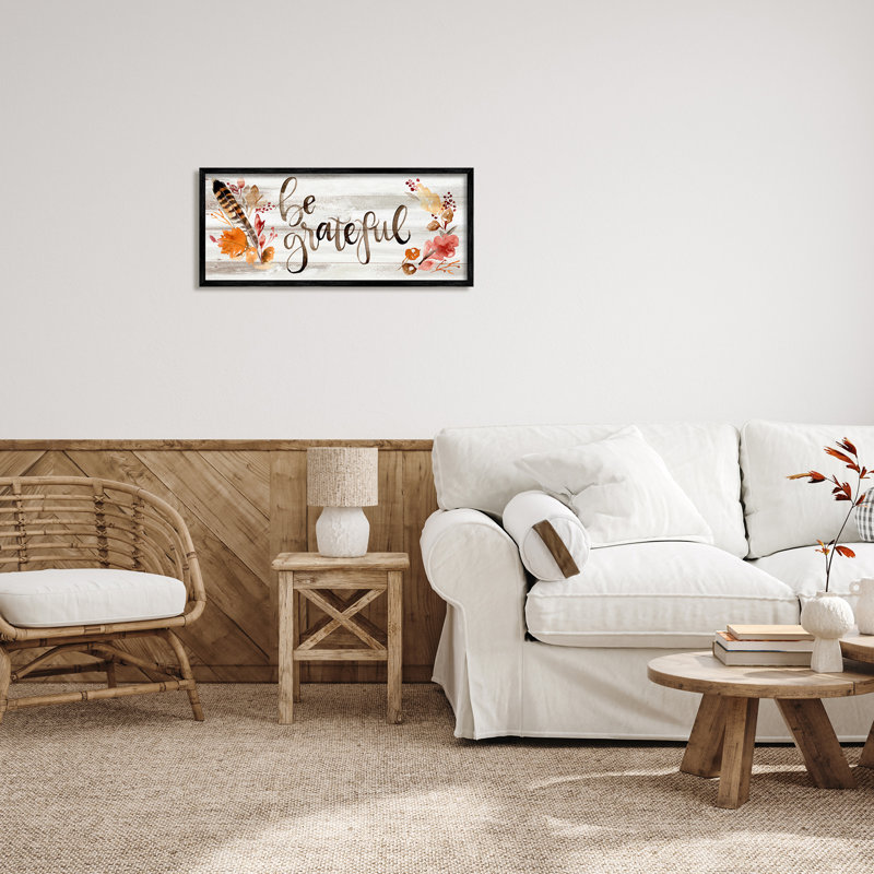 Be Be Grateful Boho Calligraphy, H 13 po x l 30 po x P 1,5 po, Giclée encadrée noir minuit