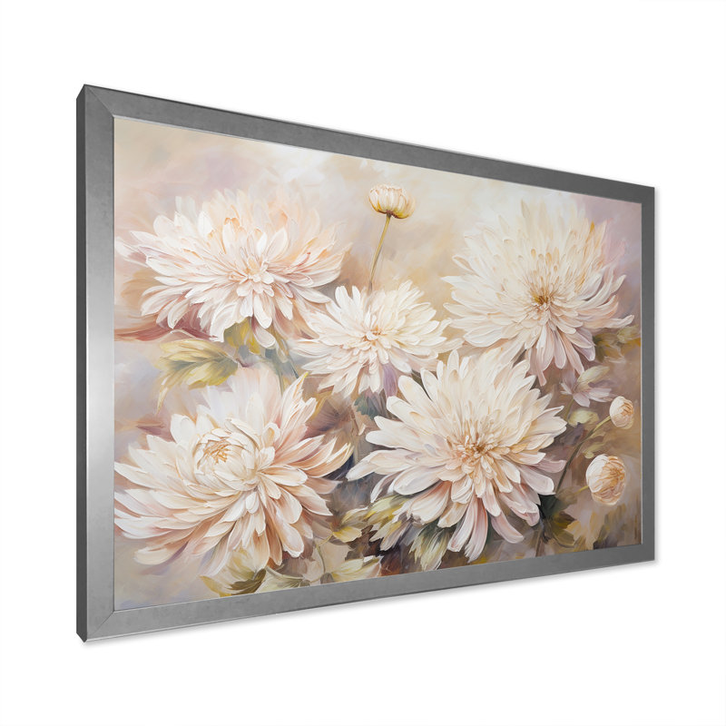 Fleur de chrysanthème beige - imprimé, Cadre simple argenté, H 34 po x l 44 po x P 1,5 po