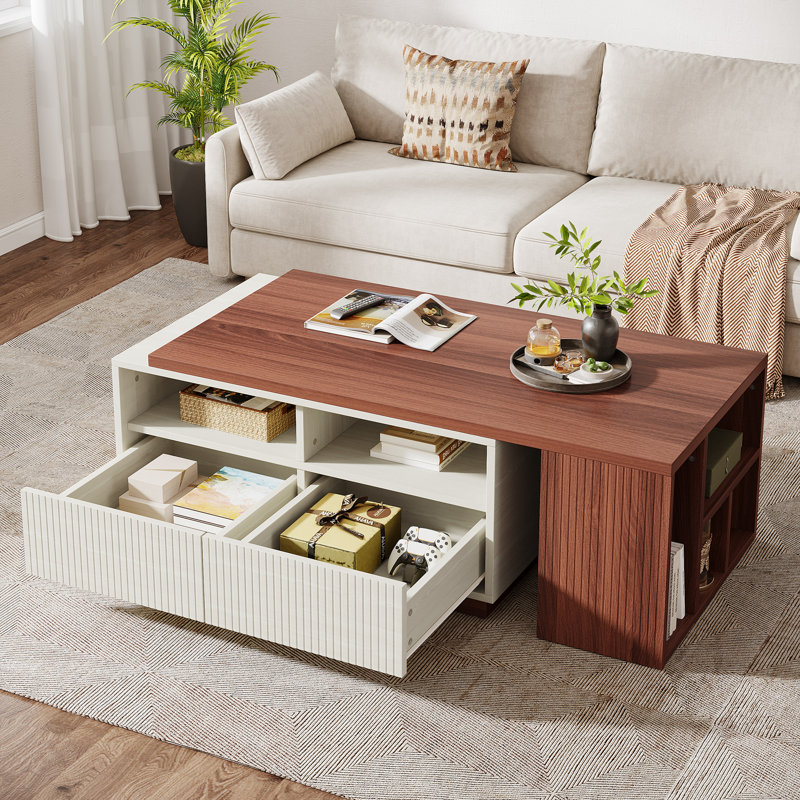 Extendable Coffee Table With 2 Drawers And Storage Shelves, Rectangular Wood Center Table With Reversible Tabletop For Living Room