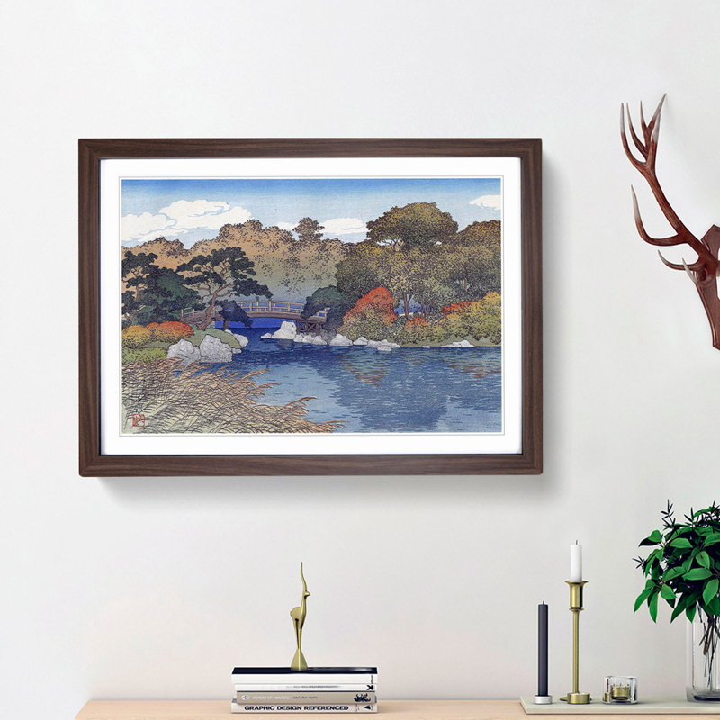 The Garden in Autumn by Hasui Kawase - Picture Frame Painting Print, 27cm H x 36cm W x 2cm D, Walnut Framed