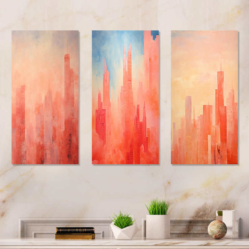 «Salmon Spires High Rise Cityscape - Skyscrapers», ensemble de 3 reproductions d'art en métal, H 28 po x l 36 po