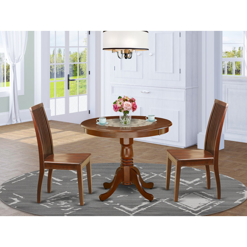 3 Piece Dining Set Contains a Round Dining Room Table with Pedestal and 2 Wood Seat Chairs, Mahogany, Mahogany
