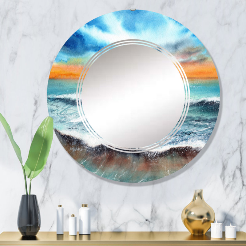 Coucher de soleil sur la mer avec un ciel bleu et orange - Miroir mural nautique et côtier rond, 32 po x 32 po