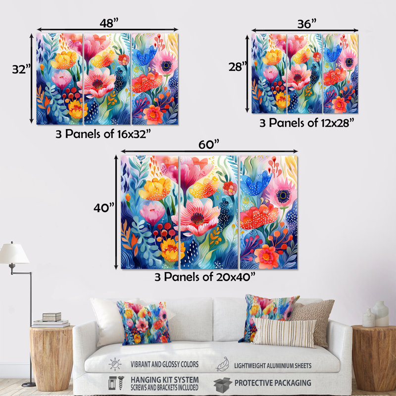 «Pink Blue Flowers Under Water III - Wildflowers», ensemble de reproduction d'art mural, H 40 po x l 60 po x P 1 po