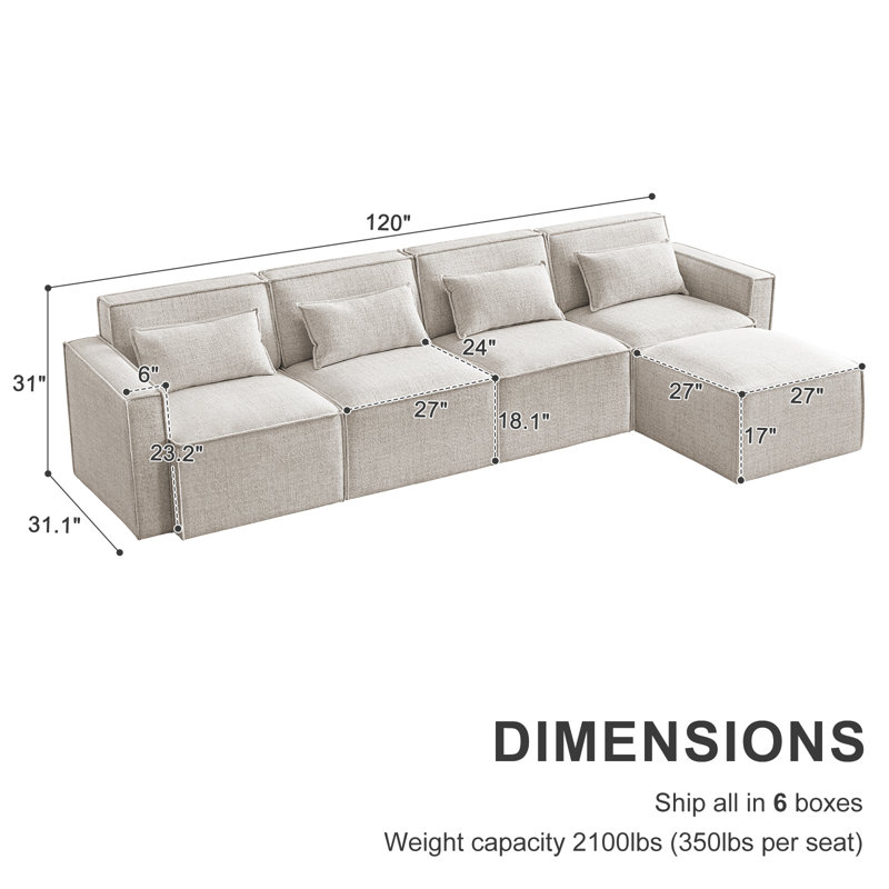 Canapé modulaire rembourré 5 pièces Taufner, 100 % lin beige