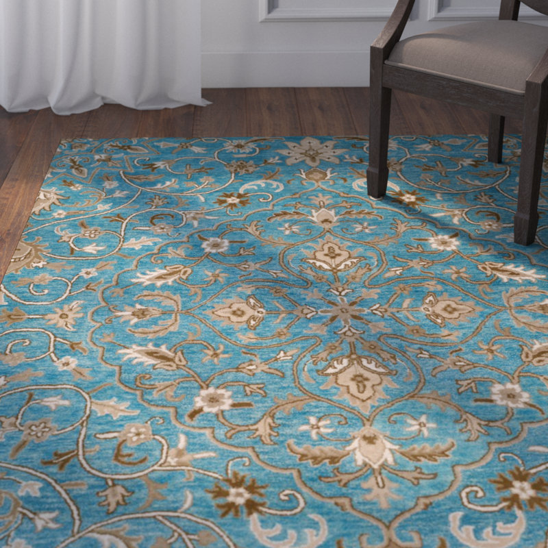 Tapis oriental bleu / brun en laine noué à la main Harger, Rectangle de 6 pi x 9 pi