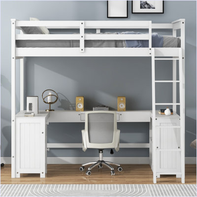 Lit mezzanine avec bureau en U, tiroirs et tablettes de rangement