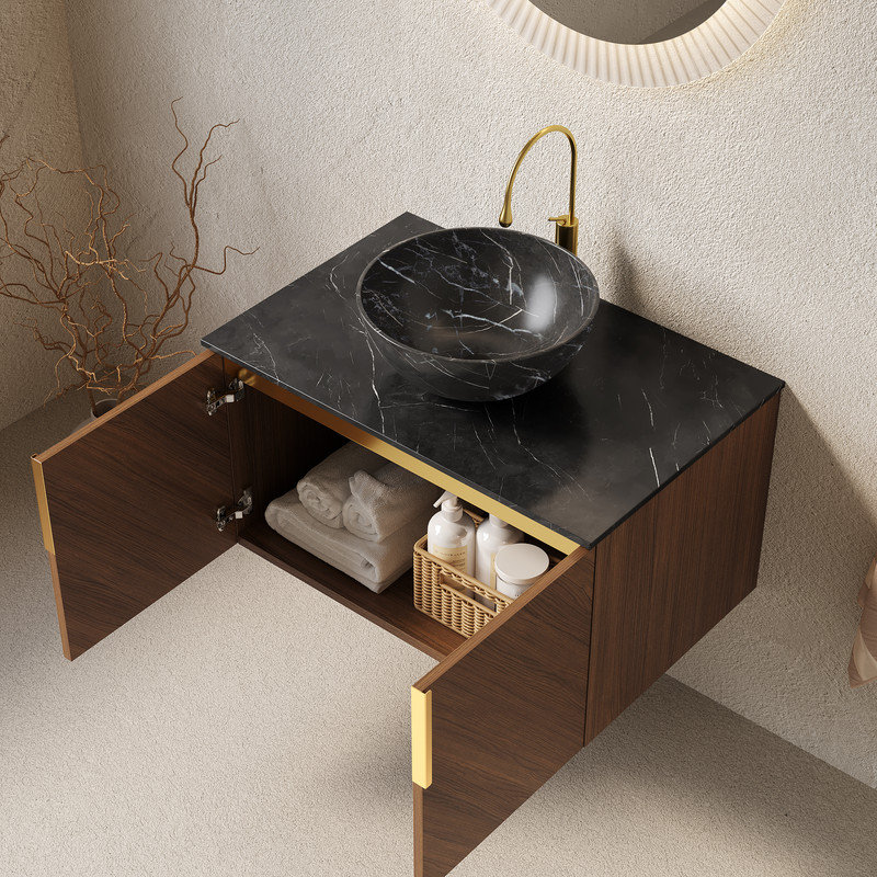 Meuble-lavabo mural 30 po avec lavabo, meuble de rangement mural moderne, Noir, En forme de bol