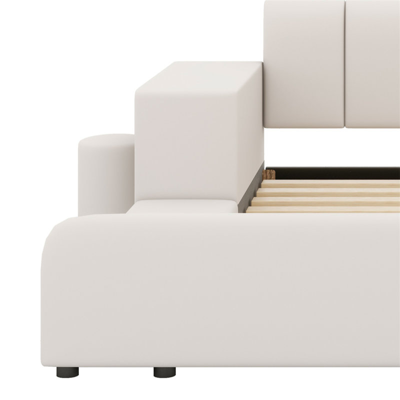 Upholstered Grounded Bed, Mother & Child Bed With Bedside Desk And Little Round Stool, Beige, Full