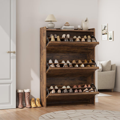 Hidden Shoe Cabinet with Flip Drawers, Wooden Shoe Organizer Cabinet with Adjustable Shelf