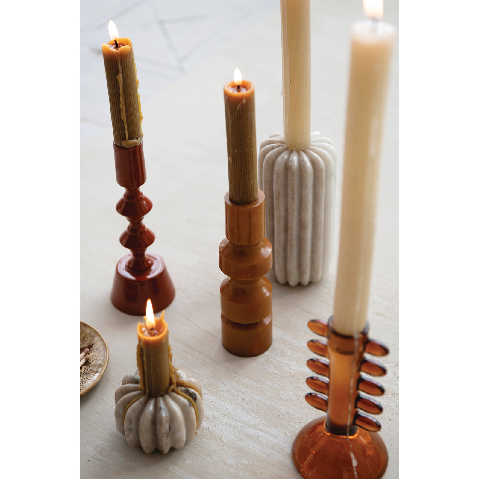 Buff Marble Ribbed Taper Candle Holder