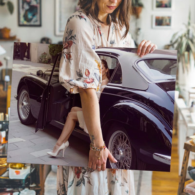 Cinematic Elegance Woman In White With Black Vintage Coupe Canvas Wall Art Ready To Hang Gallery Wrapped Home Decor Modern Design Decor