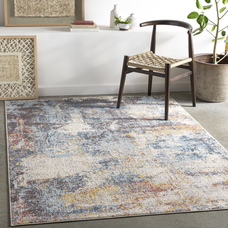 Tapis bleu / safran Barcus, Rectangle 5 pi 3 po x 7 pi 3 po