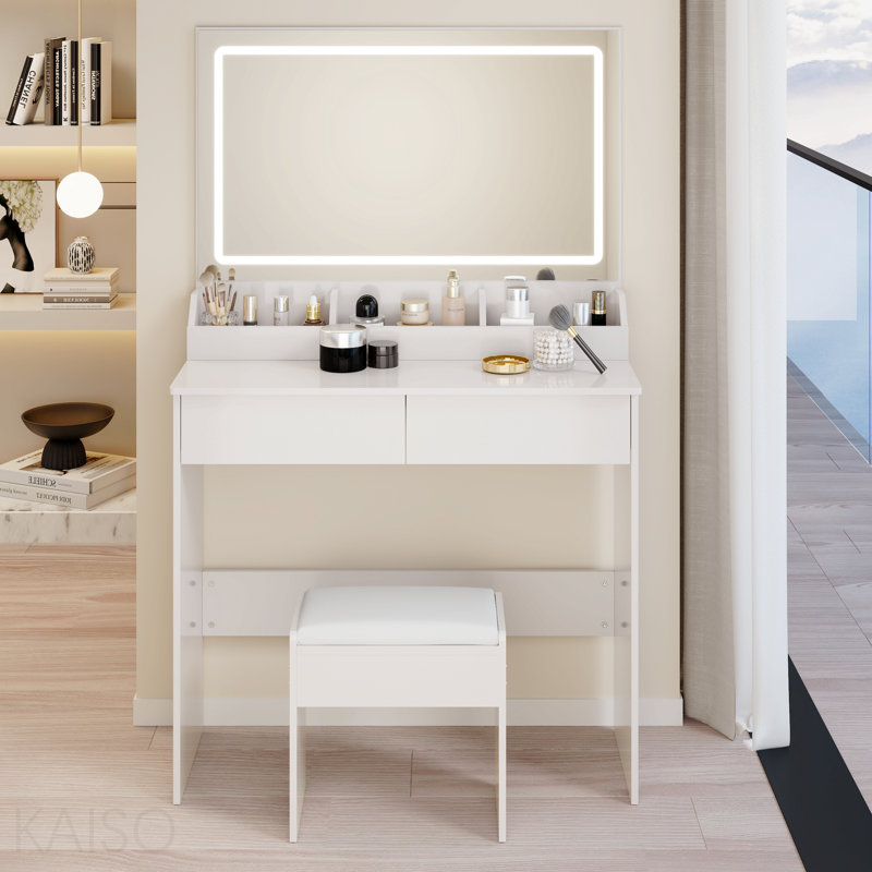 31" X 20" Extra Large Led Mirror Makeup Vanity Table + Soft Cushion Stool Suit, Touch Switch, 3 Colors, Adjustable Brightness, Large Capacity Storage, Compact Dressing Table Suitable For Small Space