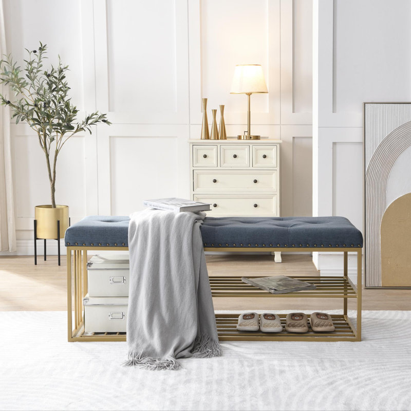 Muammar 47'' W Upholstered Storage Bench with Metal Frame, Blue