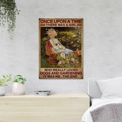 Fleuriste avec un chien dans le jardin - Il était une fois une fille qui aimait vraiment les chiens et le jardinage - 1 pièce, reproduction d'art graphique sur toile tendue
